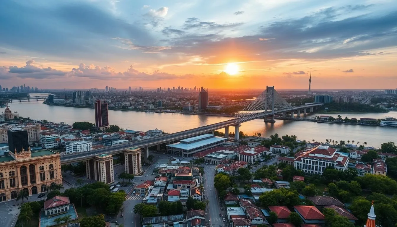 Aerial view of Surabaya city skyline with the iconic Suramadu Bridge connecting Surabaya and Madura Island