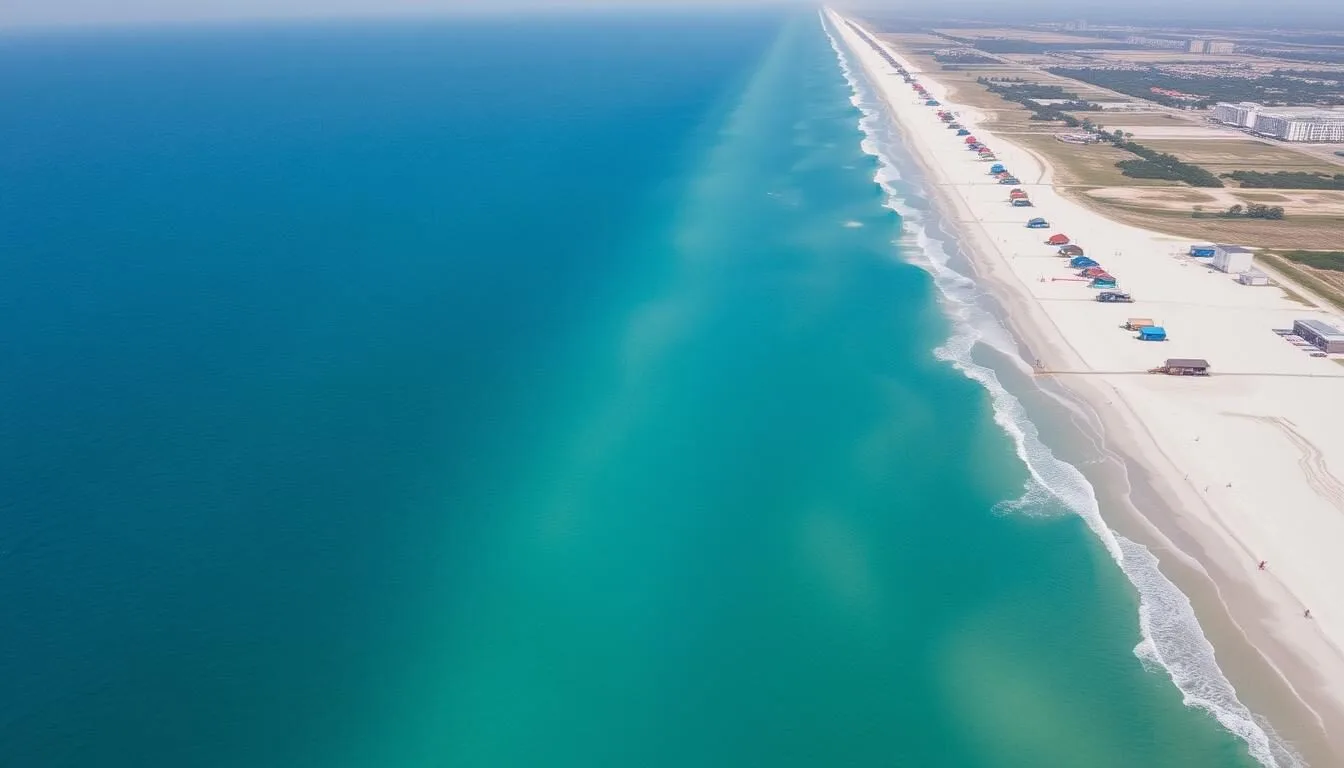Aerial-view-of-Surfside-Beach-Texas-showing-pristine-shoreline-and-blue-waters-of-the-Gulf Aerial view of Surfside Beach, Texas showing pristine shoreline and blue waters of the Gulf Coast