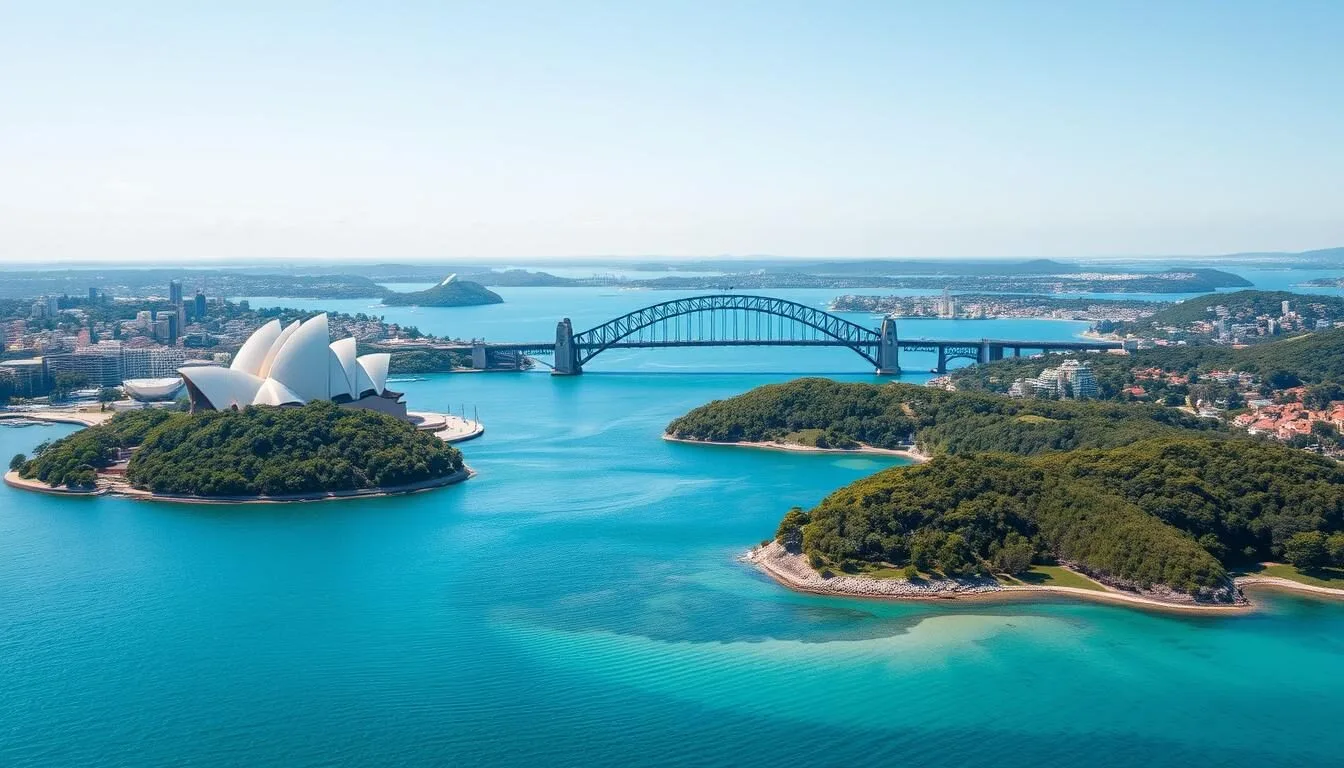 Aerial view of Sydney Harbour National Park with the Sydney Opera House and Harbour Bridge in the background