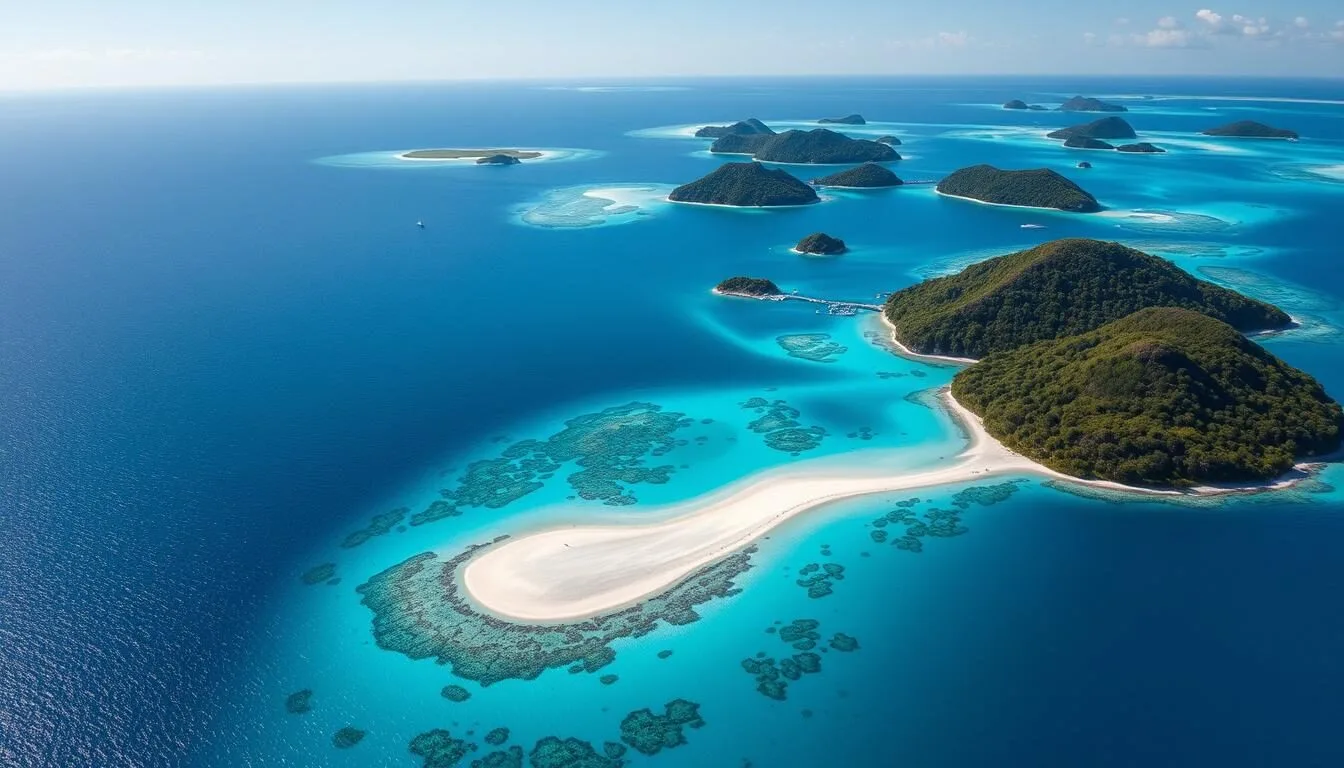 Aerial view of Taka Bonerate National Park showing the massive atoll formation with small islands and turquoise waters