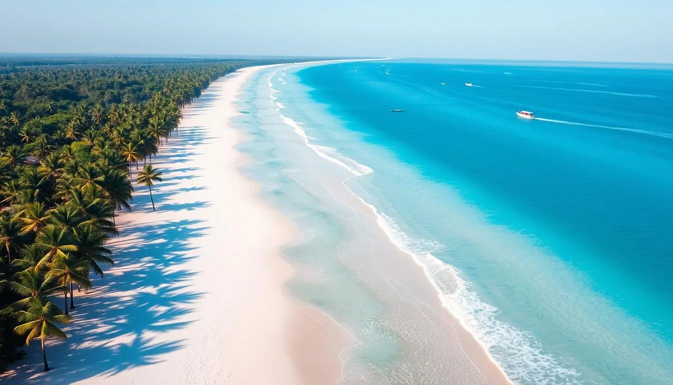 Aerial view of Tangalle Beach with pristine coastline, palm trees, and turquoise waters