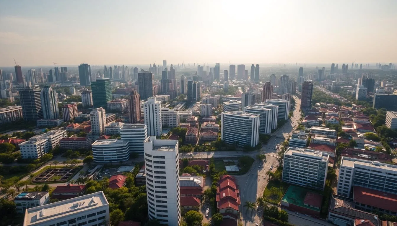Aerial view of Tangerang city skyline showing modern buildings and traditional areas