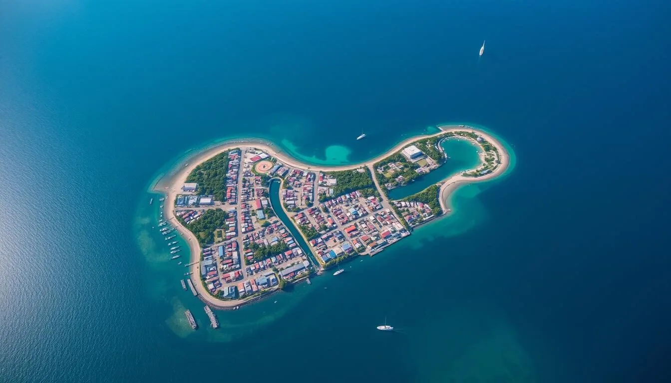 Aerial view of Tarakan Island showing the coastline and city center with surrounding waters