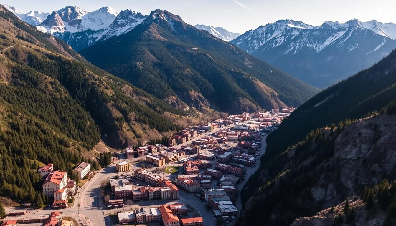 Aerial view of Telluride Colorado nestled in a box canyon surrounded by the San Juan Mountains