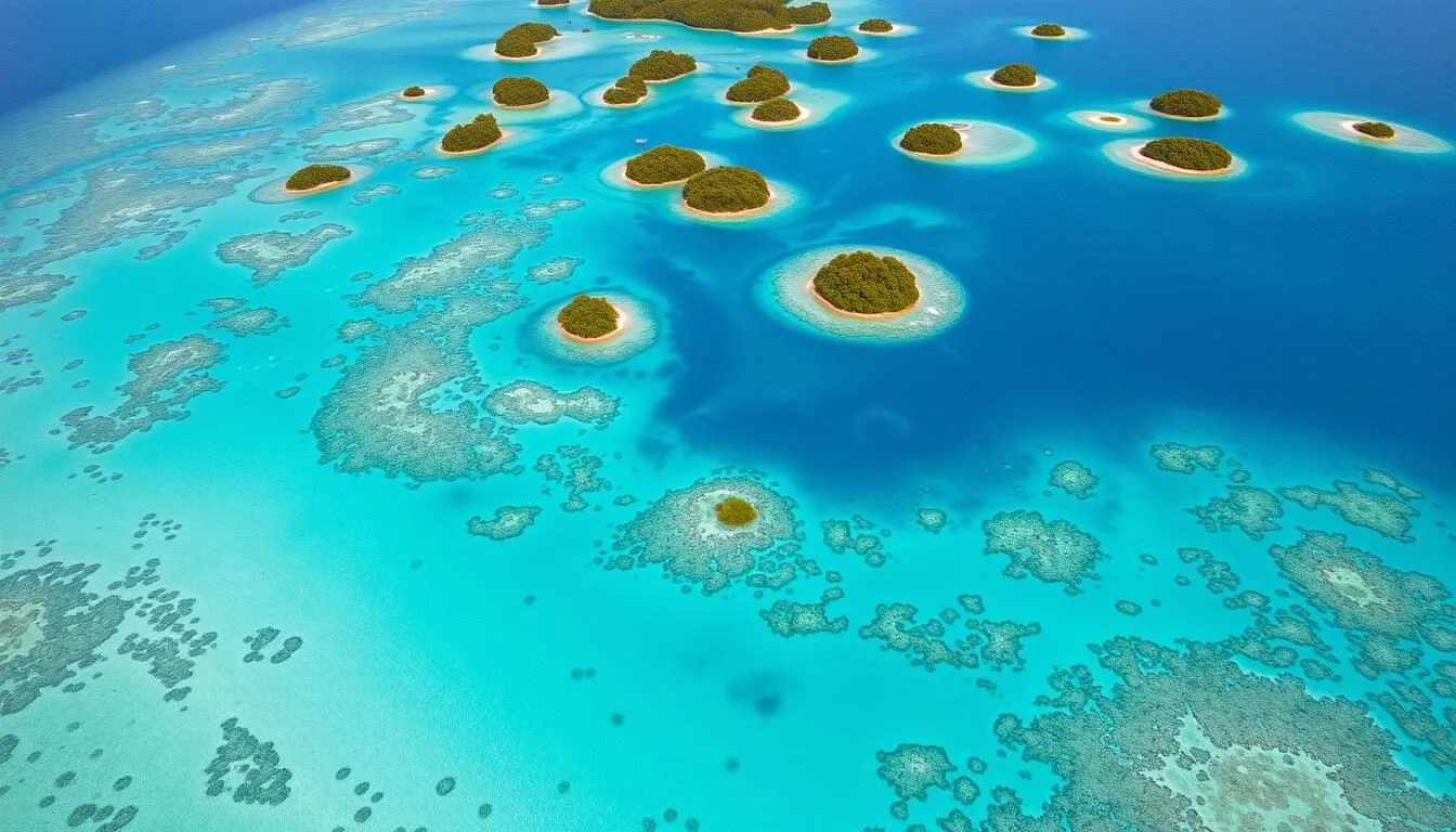 Aerial view of Teluk Cenderawasih National Park showing turquoise waters, coral reefs, and small islands