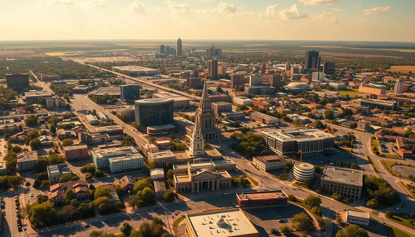 Aerial-view-of-Temple-Texas-showing-the-city-layout-with-downtown-area-and-surrounding Aerial view of Temple, Texas showing the city layout with downtown area and surrounding neighborhoods on a sunny day