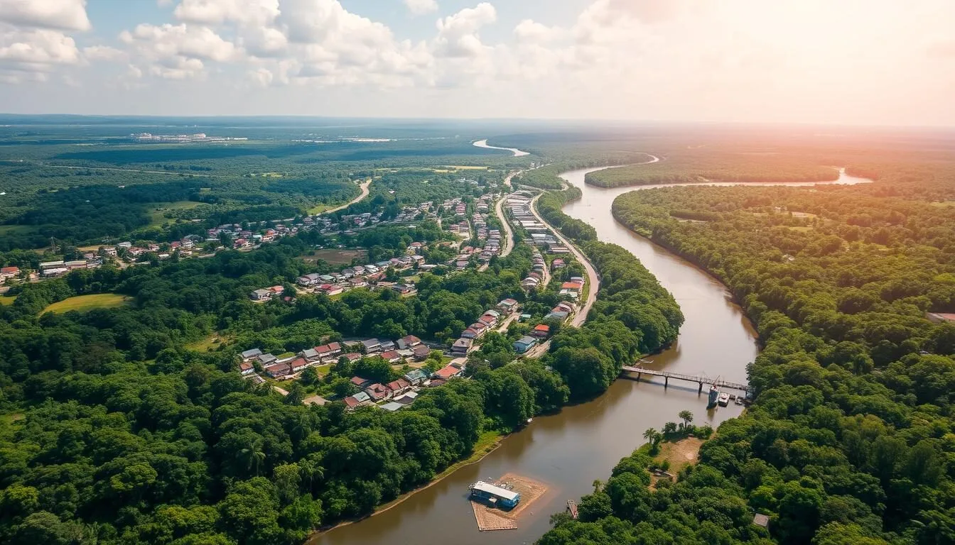 Aerial view of Tena Ecuador with rivers and surrounding rainforest
