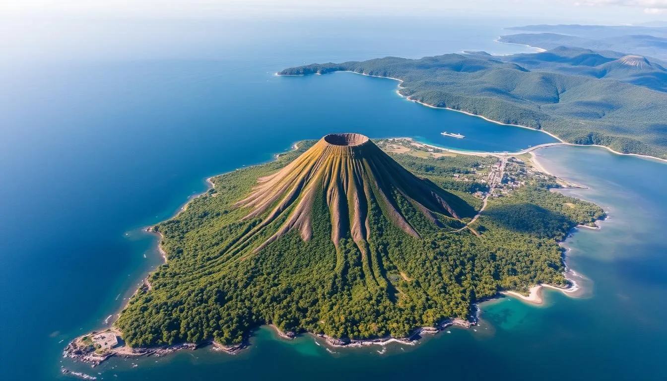 Aerial view of Ternate Island with Mount Gamalama volcano in the center surrounded by blue waters