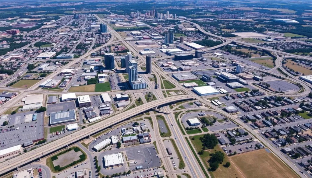 Aerial view of Texarkana showing the city layout with the state line running through it