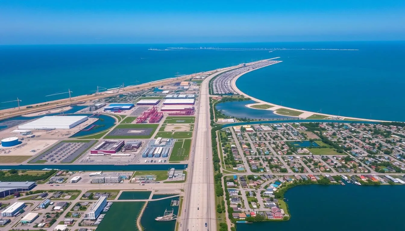 Aerial view of Texas City with the dike extending into Galveston Bay on a clear sunny day