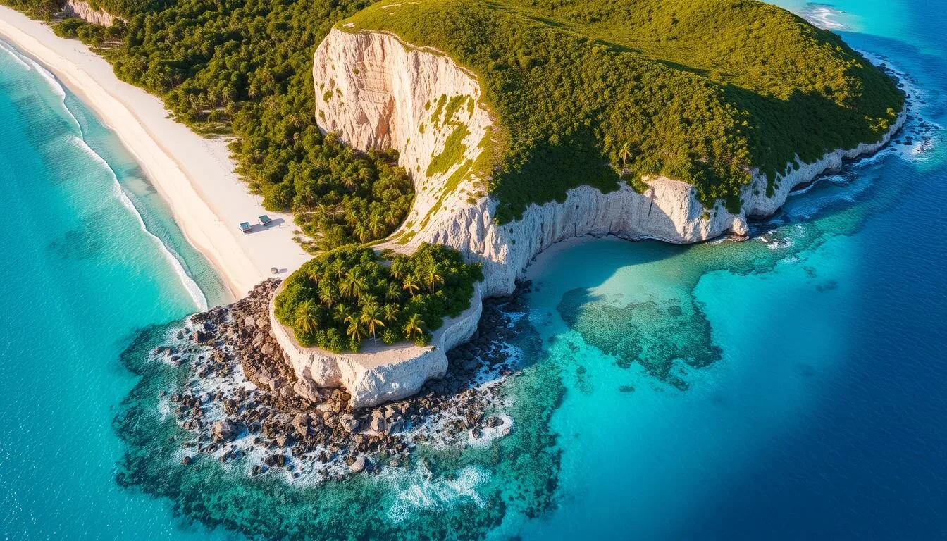 Aerial view of The Bight in Cayman Brac showing the stunning coastline, crystal clear waters, and the dramatic limestone bluff that gives the island its name