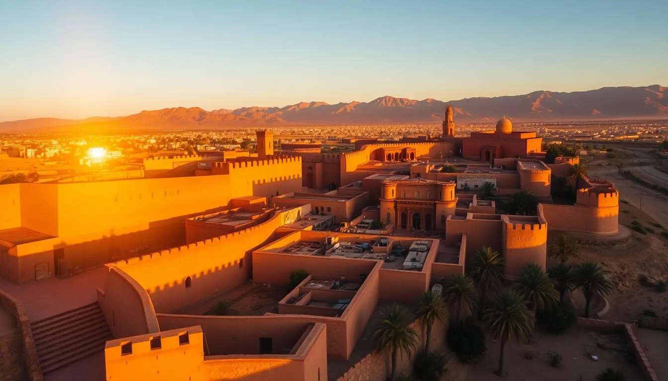 Aerial view of Tiznit's ochre walls at sunset with the historic medina inside the ramparts