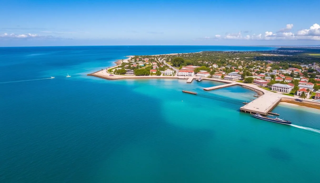 Aerial view of Toamasina port and coastline in Madagascar
