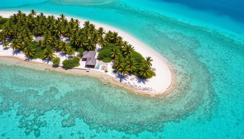 Aerial view of Tobacco Caye, a small tropical island near Dangriga with palm trees and turquoise waters Aerial view of Tobacco Caye, a small tropical island near Dangriga with palm trees and turquoise waters