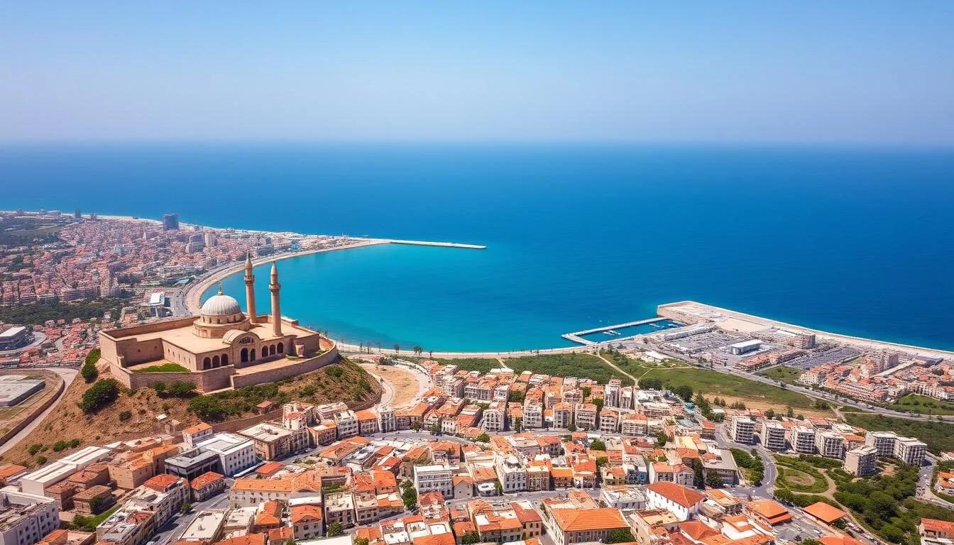 Aerial view of Tripoli Lebanon showing the coastline and historic city center