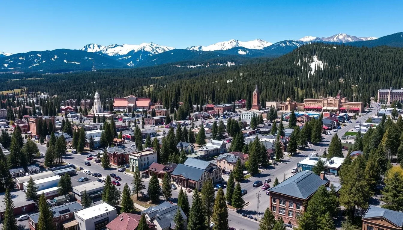 Aerial-view-of-Truckee-California-with-mountains-in-the-background-and-the-historic-downtown Aerial view of Truckee, California with mountains in the background and the historic downtown visible