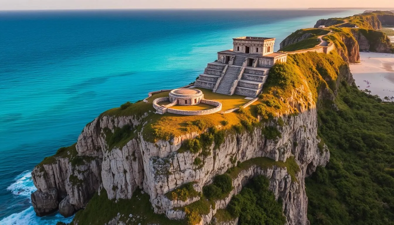 Aerial-view-of-Tulum-National-Park-showing-the-ancient-Mayan-ruins-perched-on-limestone-cliffs- Aerial view of Tulum National Park showing the ancient Mayan ruins perched on limestone cliffs overlooking the turquoise Caribbean Sea