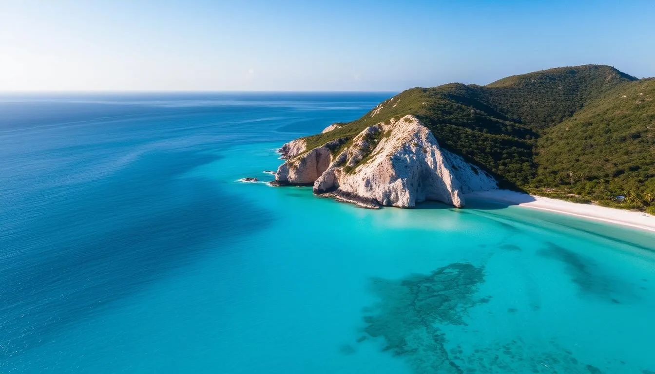 Aerial view of Two Foot Bay, Antigua and Barbuda showing the coastline and turquoise waters