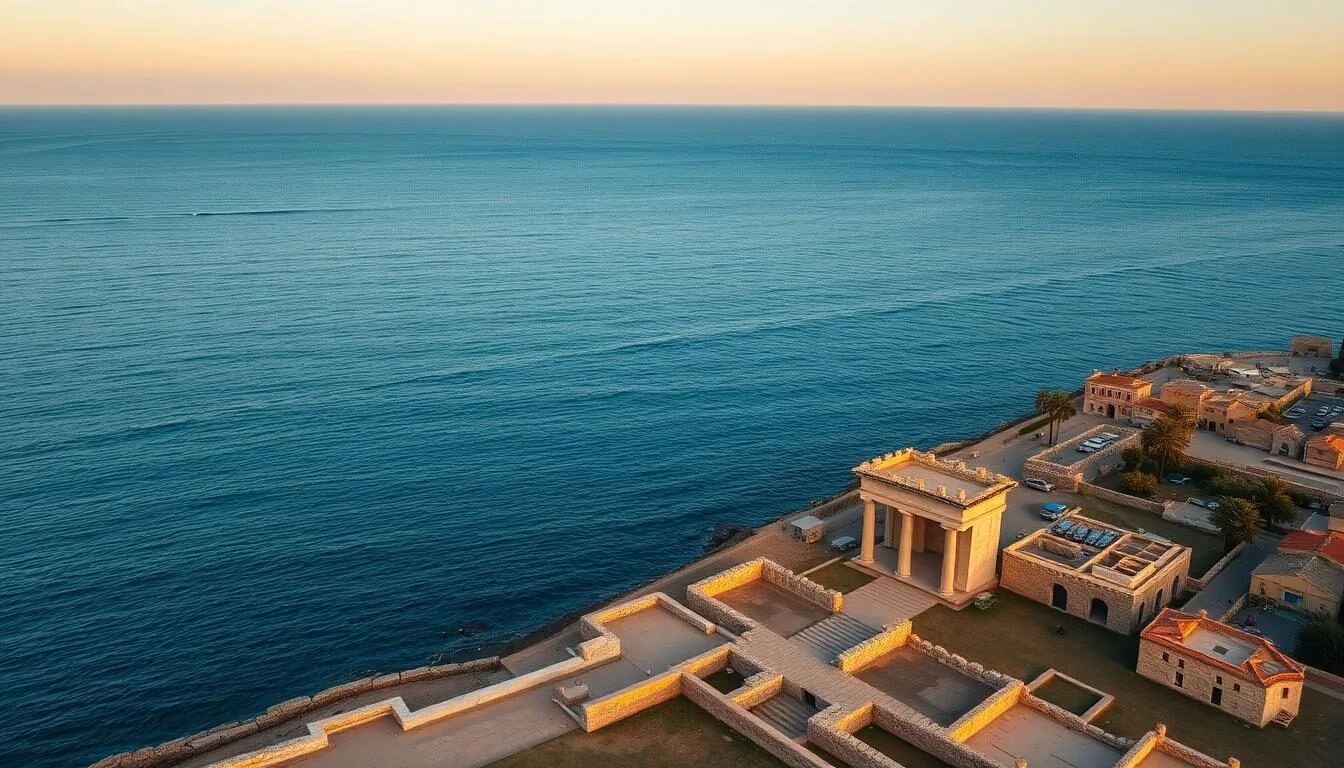 Aerial view of Tyre, Lebanon showing ancient ruins alongside the Mediterranean coast