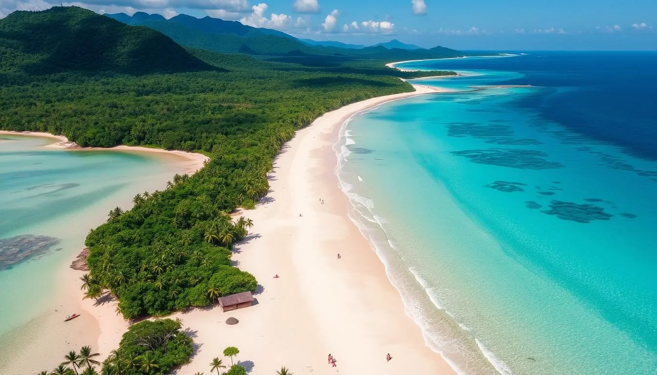 Aerial view of Ujung Kulon National Park showing dense rainforest meeting pristine beaches