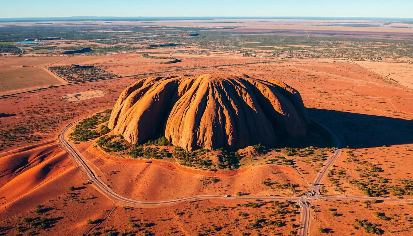 Aerial view of Uluru with surrounding desert landscape and roads leading to the rock