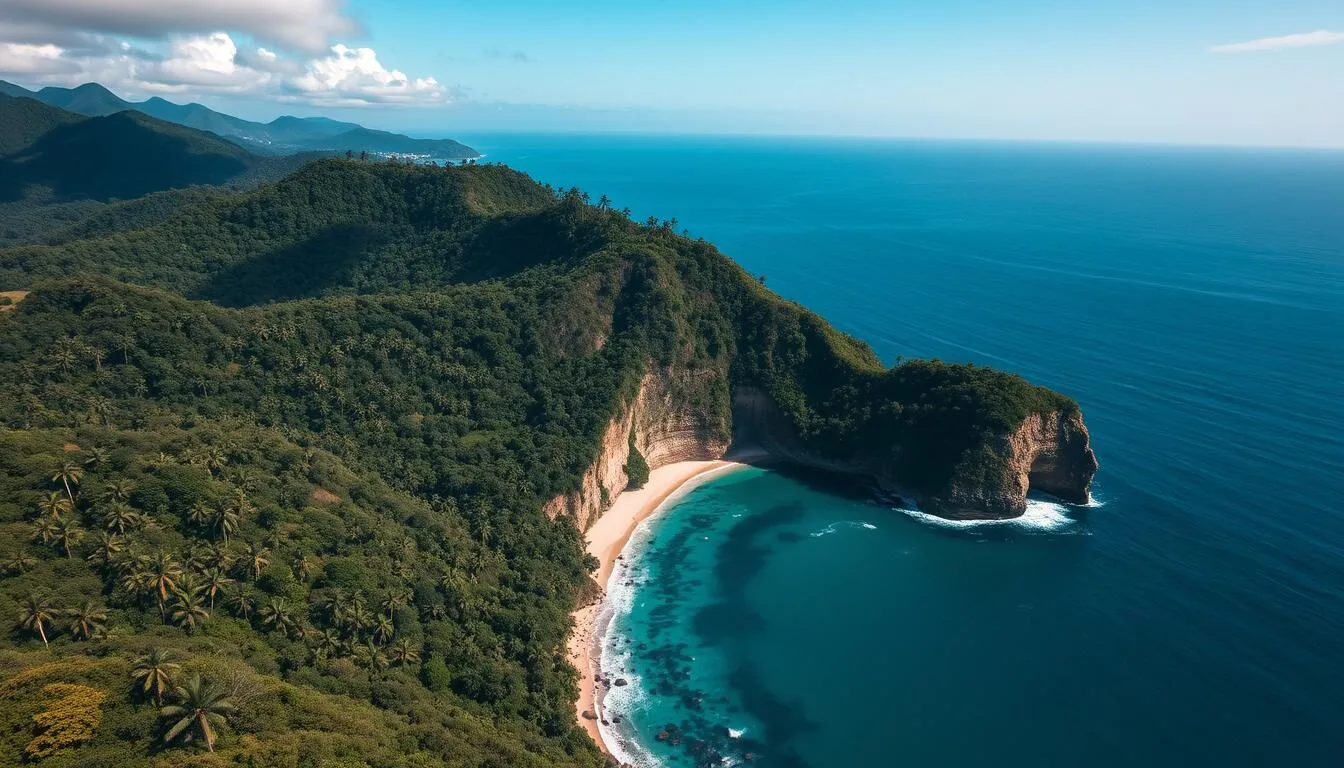 Aerial view of Utria National Natural Park showing the unique cove where jungle meets ocean