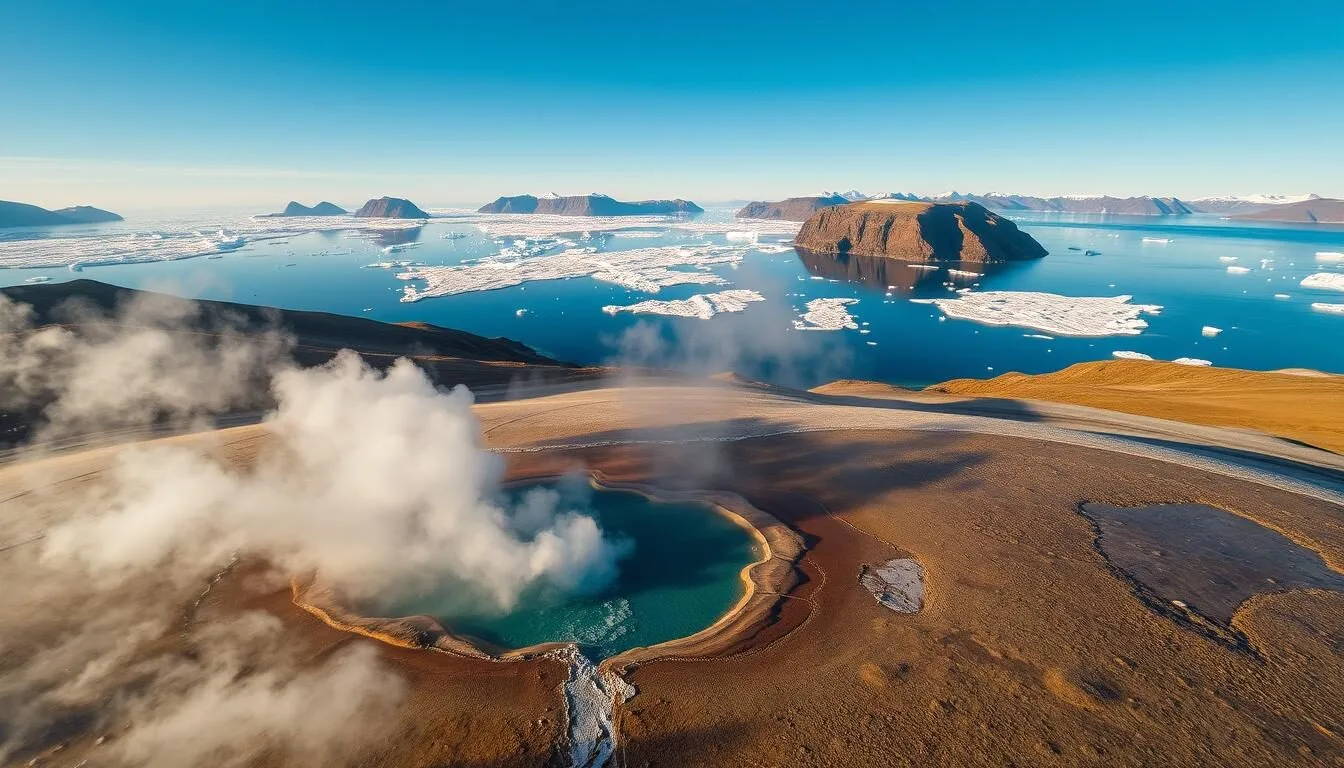 Aerial view of Uunartoq Island with hot springs and surrounding icebergs in Greenland