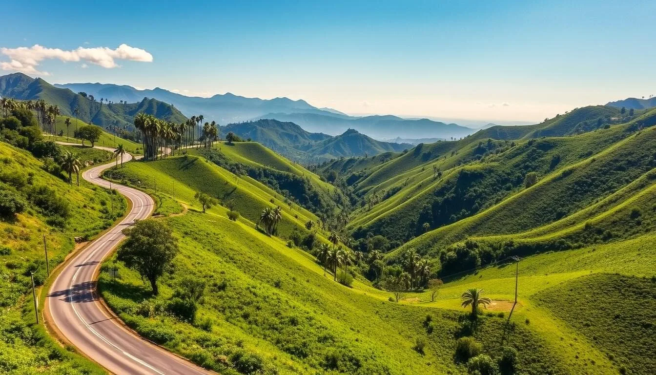 Aerial view of Valle de Cocora, Colombia showing the winding road leading to the valley with towering wax palms scattered across the lush green landscape