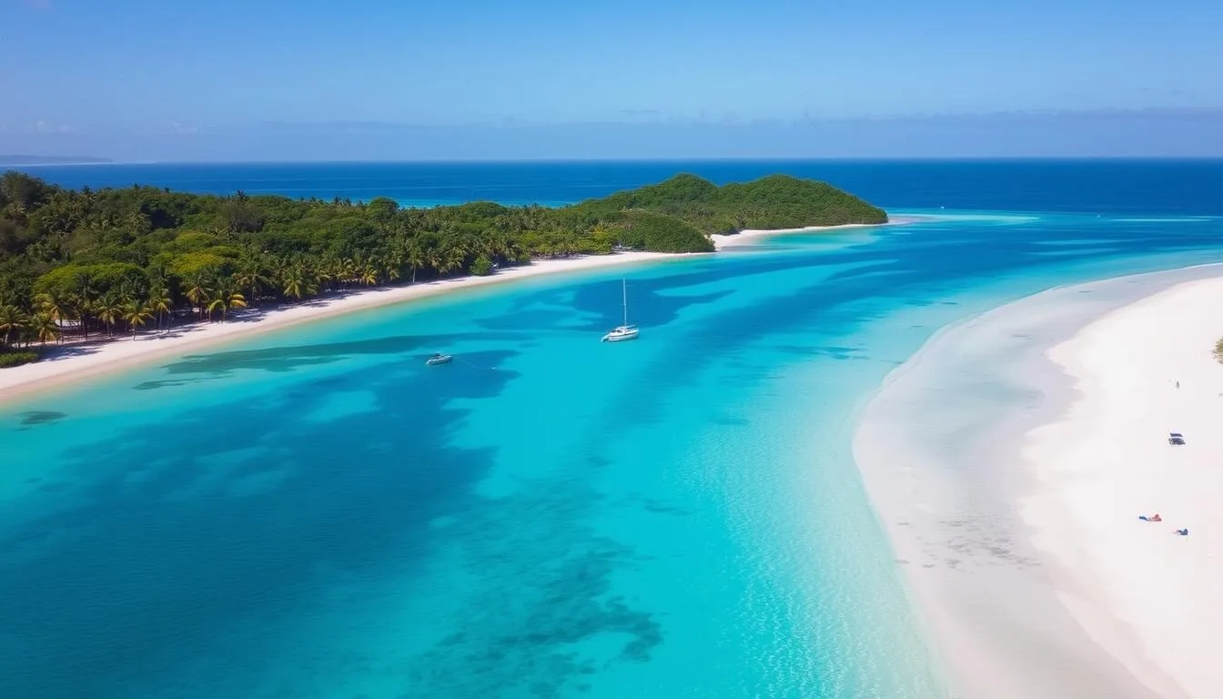 Aerial view of Valley Church Beach, Antigua and Barbuda showing turquoise waters and white sand