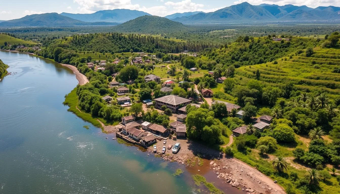 Aerial view of Vangaindrano, Madagascar showing the town nestled along the Mananara River with lush green surroundings