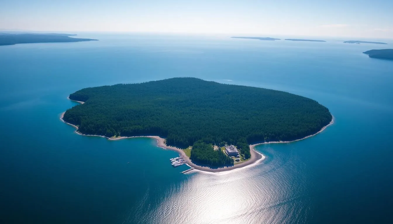 Aerial-view-of-Vashon-Island-Washington-showing-its-lush-green-landscape-surrounded-by-the Aerial view of Vashon Island, Washington showing its lush green landscape surrounded by the blue waters of Puget Sound