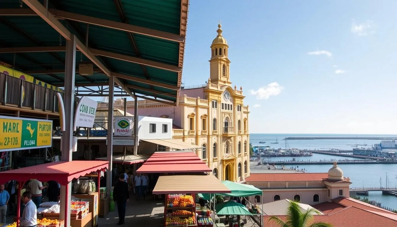 Aerial view of Ver-o-Peso Market in Belem with colorful stalls and the Guajará Bay in the background