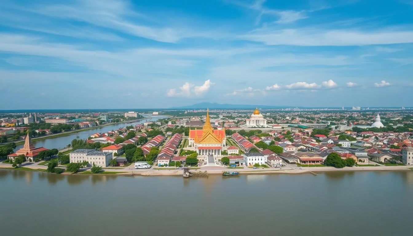 Aerial view of Vientiane city with the Mekong River and key landmarks visible