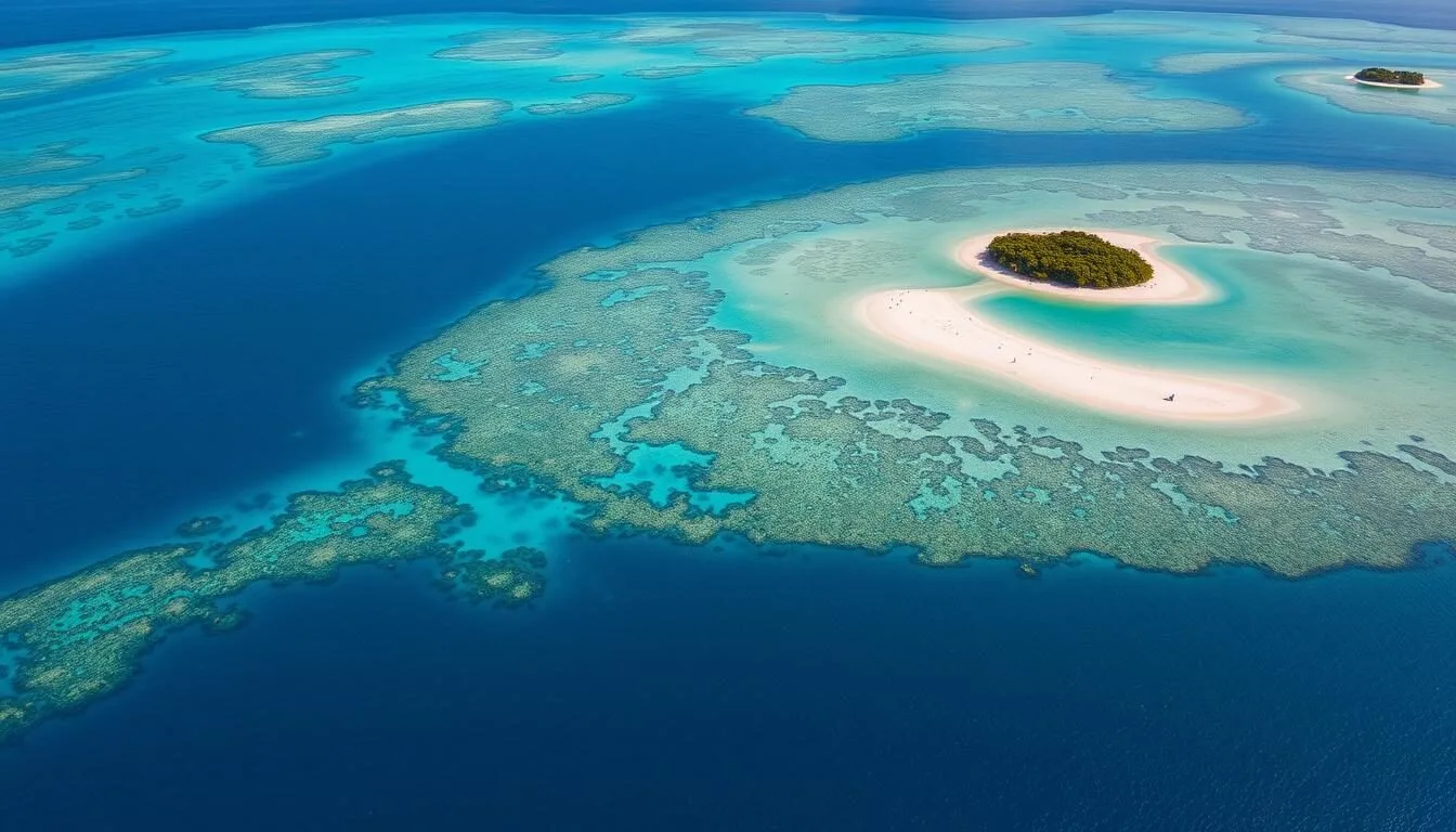 Aerial view of Wakatobi National Park showing turquoise waters, coral reefs, and small islands