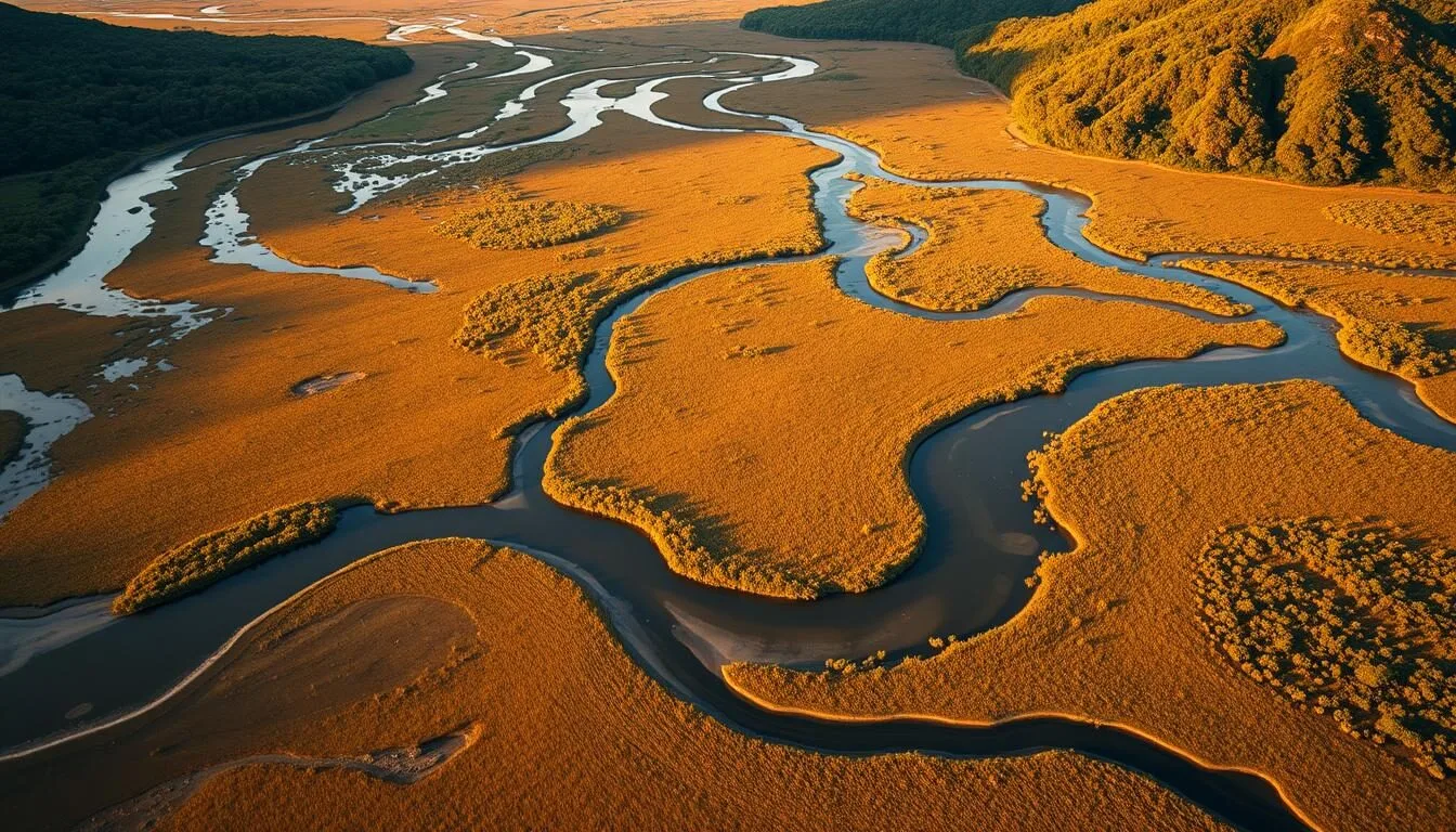 Aerial view of Wasur National Park's diverse landscape showing savannas and wetlands on a sunny day