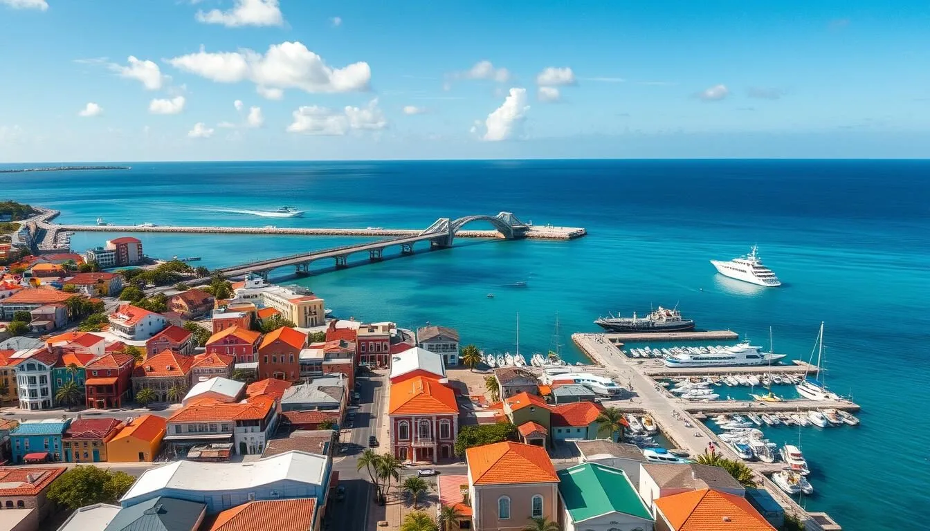 Aerial view of Willemstad, Curacao with colorful buildings along the waterfront