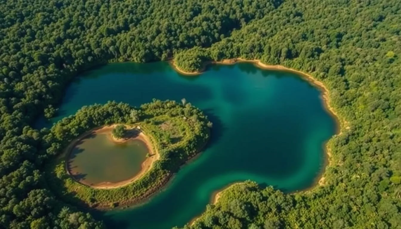 Aerial view of Wilpattu National Park, Sri Lanka showing natural lakes (villus) surrounded by dense forest