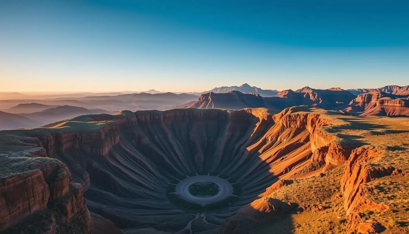 Aerial-view-of-Wilpena-Pound-in-Flinders-Ranges-National-Park-South-Australia-showing-the Aerial view of Wilpena Pound in Flinders Ranges National Park, South Australia, showing the natural amphitheater formation surrounded by rugged mountains