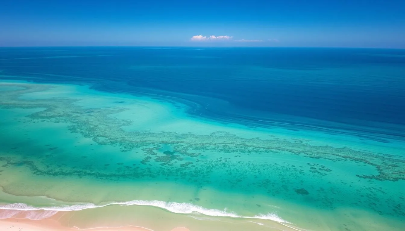 Aerial-view-of-Yeppoons-coastline-showing-pristine-beaches-and-the-Keppel-Bay-Islands-in-the Aerial view of Yeppoon's coastline showing pristine beaches and the Keppel Bay Islands in the distance on a sunny day