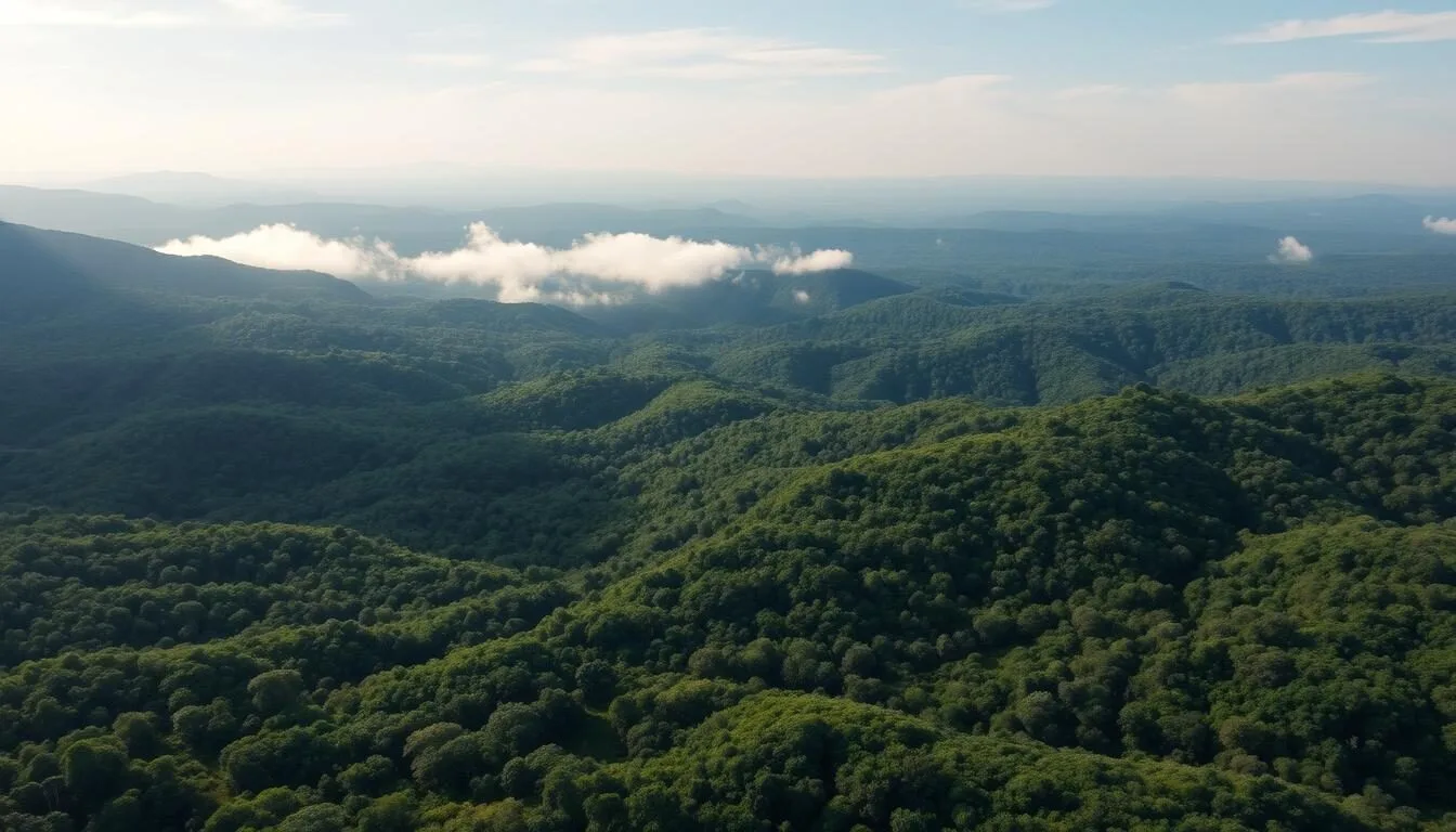 Aerial view of Zahamena National Park's lush rainforest canopy with morning mist rising