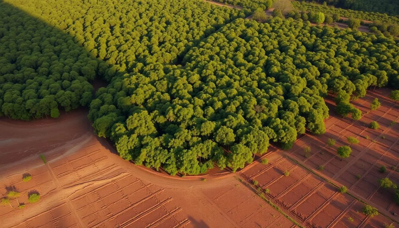 Aerial view of Zombitse-Vohibasia National Park showing the forest canopy surrounded by cleared land