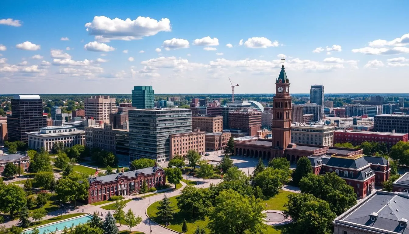 Aerial view of downtown Kitchener, Ontario showing the city skyline with Victoria Park in the foreground