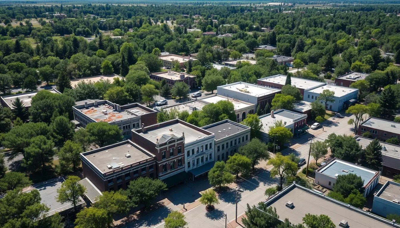 Aerial view of downtown Lufkin, Texas showing the historic buildings, surrounded by pine forests