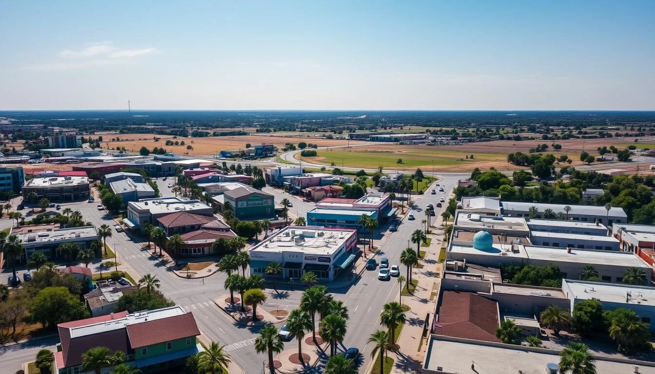Aerial-view-of-downtown-Pharr-Texas-showing-the-citys-layout-with-palm-trees-and-colorful Aerial view of downtown Pharr, Texas showing the city's layout with palm trees and colorful buildings