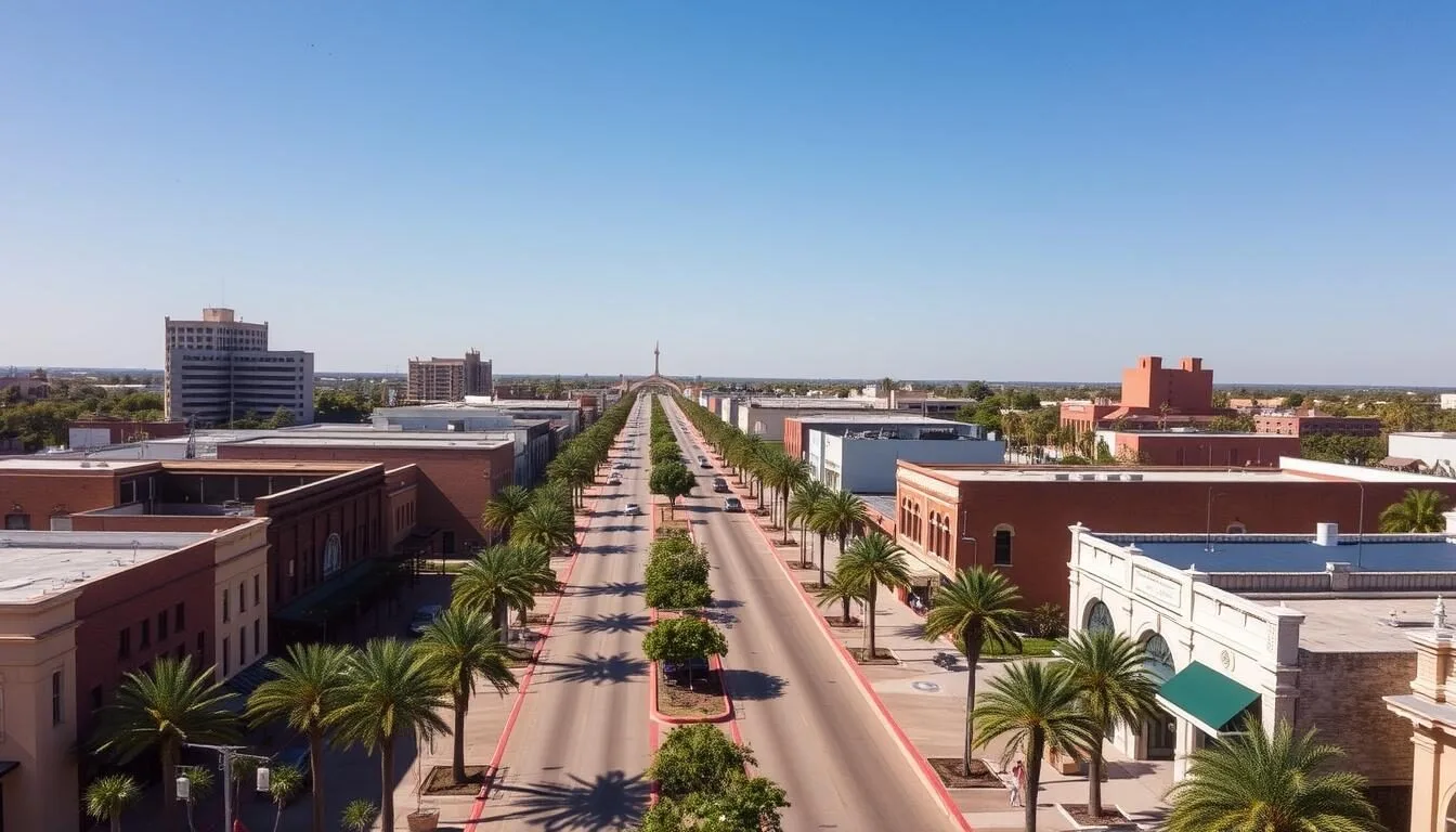 Aerial view of downtown Weslaco, Texas showing palm-lined streets and historic buildings on a sunny day