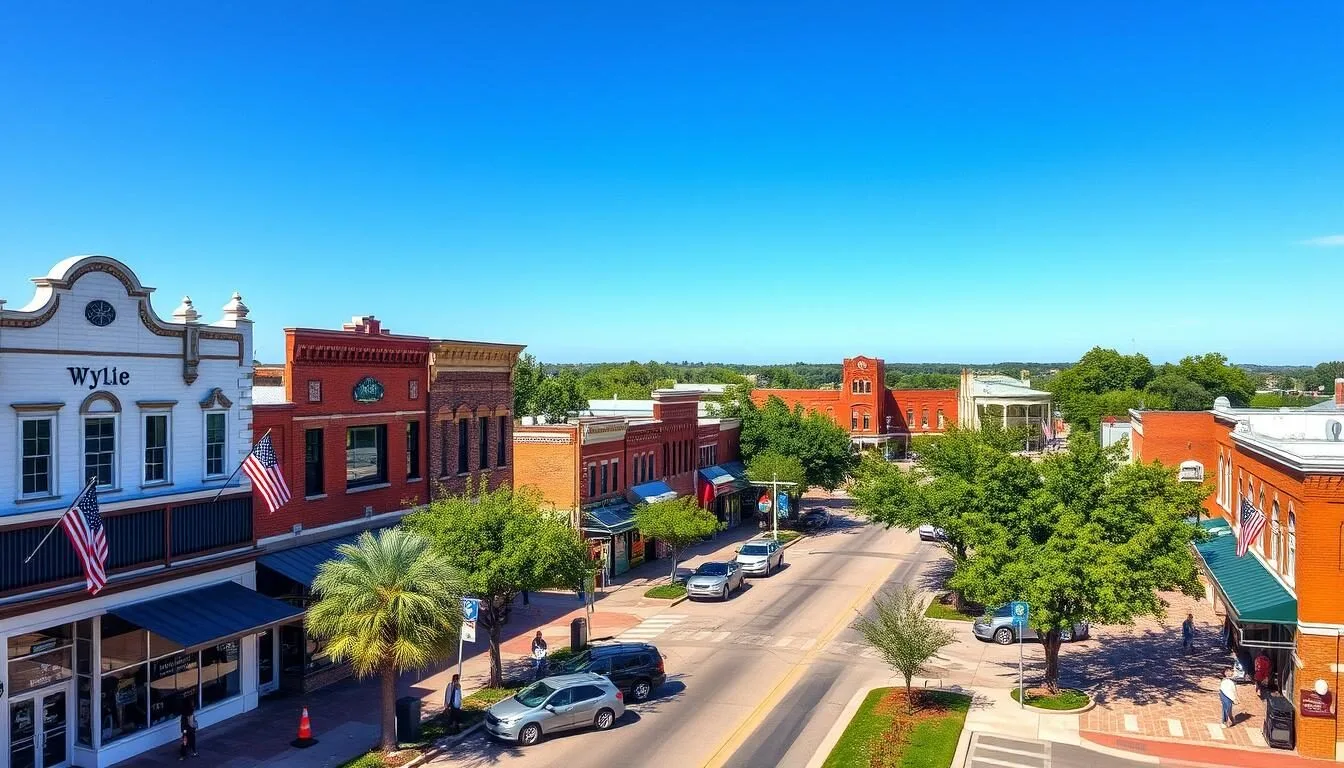 Aerial view of downtown Wylie, Texas showing the historic buildings, tree-lined streets, and small-town charm on a sunny day