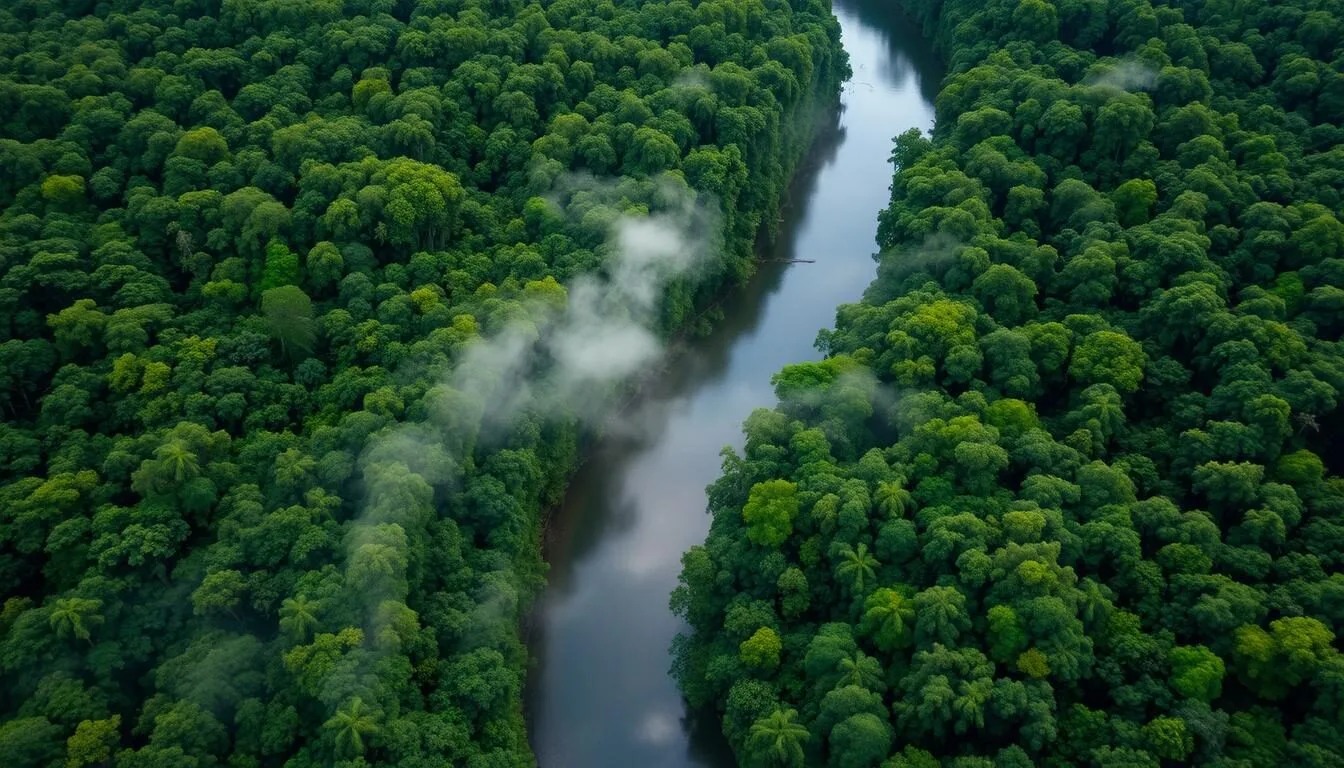 Aerial view of the Amazon Jungle in Ecuador showing the winding Napo River cutting through dense rainforest canopy