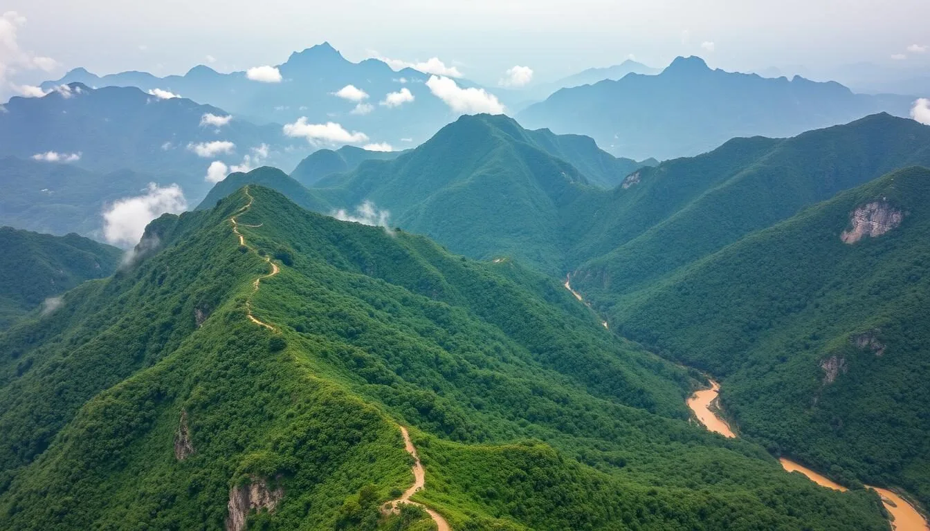 Aerial view of the Annamite Range mountains in Laos showing lush green forests and dramatic peaks