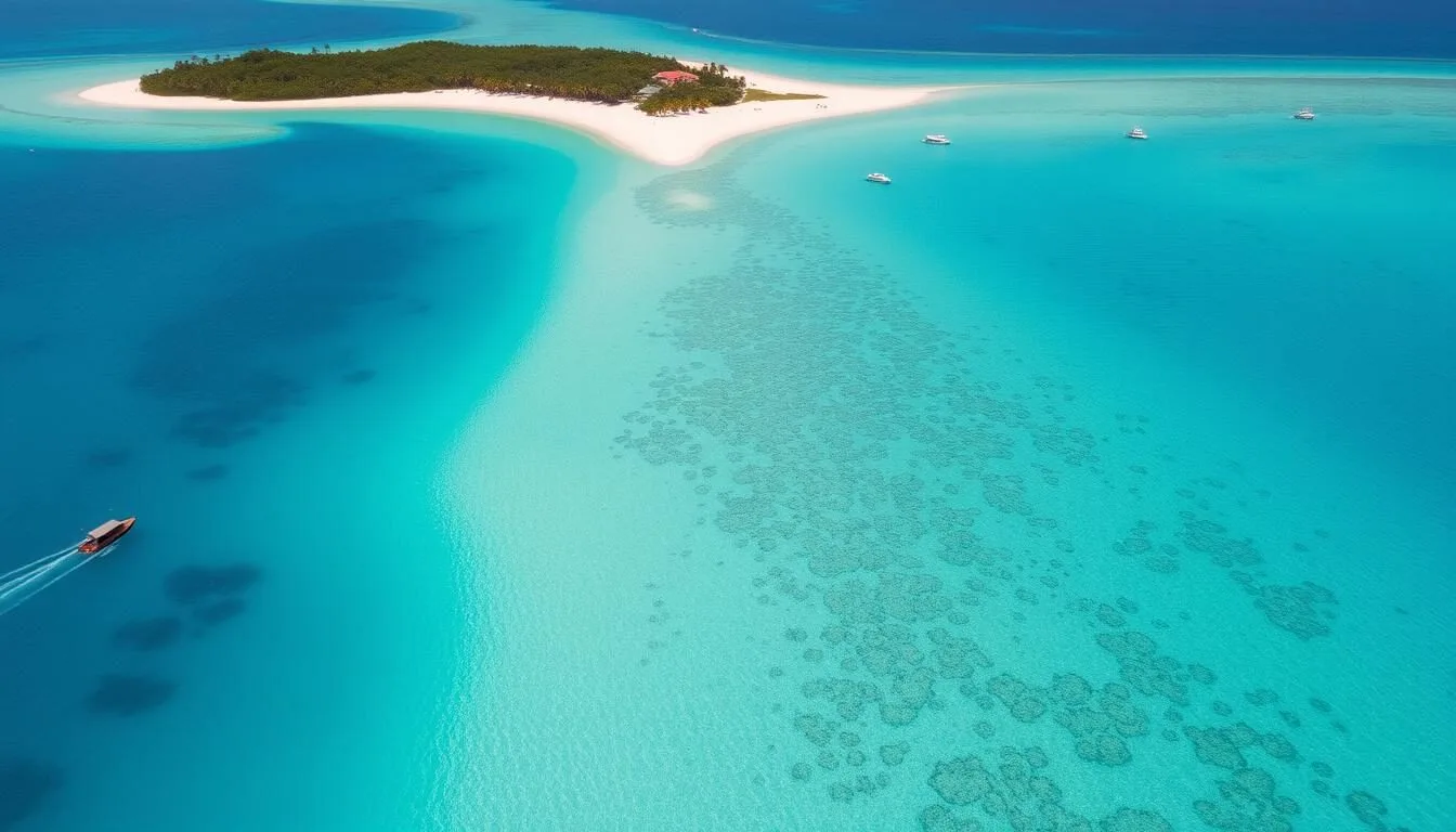 Aerial view of the Bay Islands Honduras showing turquoise waters, coral reefs, and white sand beaches