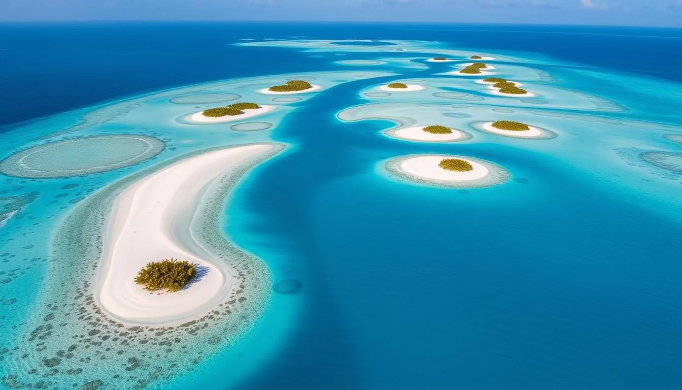 Aerial view of the Berry Islands, Bahamas showing the chain of islands surrounded by turquoise waters